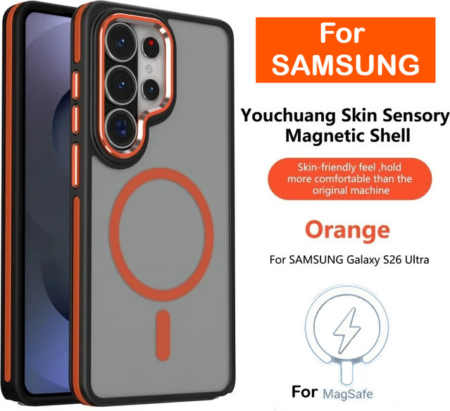 Stoßfeste MagSafe-Hülle für Samsung Galaxy S26 Ultra, S25 Edge, S24, S23 FE und S22 mit Auto-Magnethalter, zweifarbig transparent und orange - Bild 1