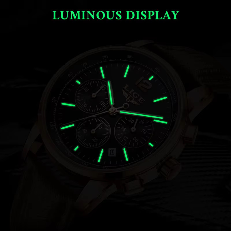 LIGE Chronograph Armbanduhr, Quarz, Leder, Roségold, Bicolor, Herren - Bild 3