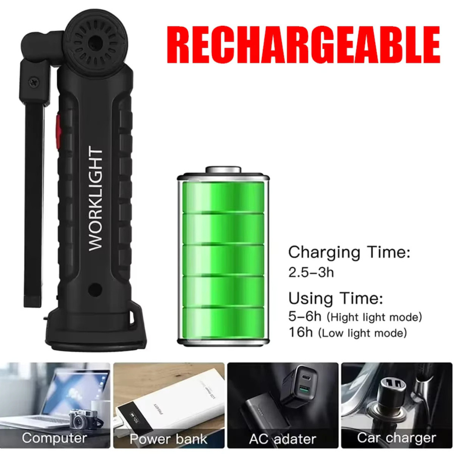 XIWANGFIRE COB LED Arbeitsleuchte mit 360 Grad Drehung, USB-aufladbare Magnet-Taschenlampe mit Haken in Schwarz - Bild 4