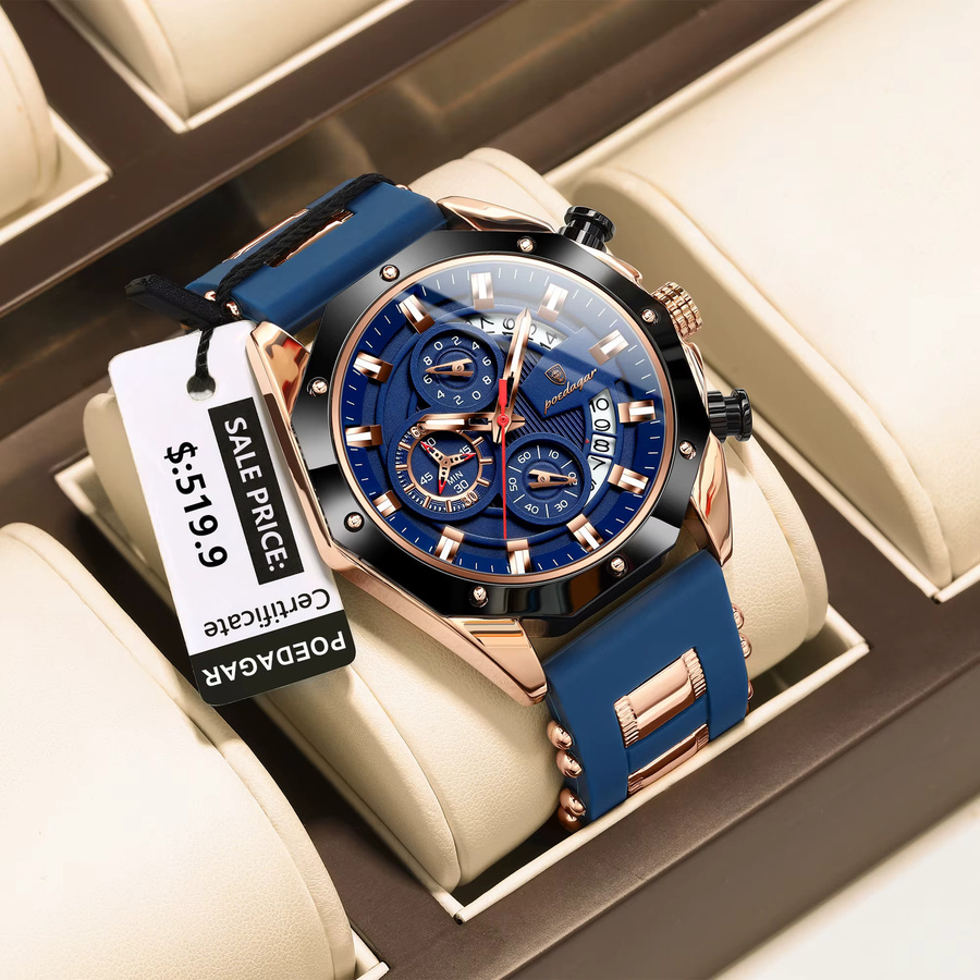 POEDAGAR Armbanduhr Chronograph, Quarz, Silikon, Schwarz, Herren - Bild 2