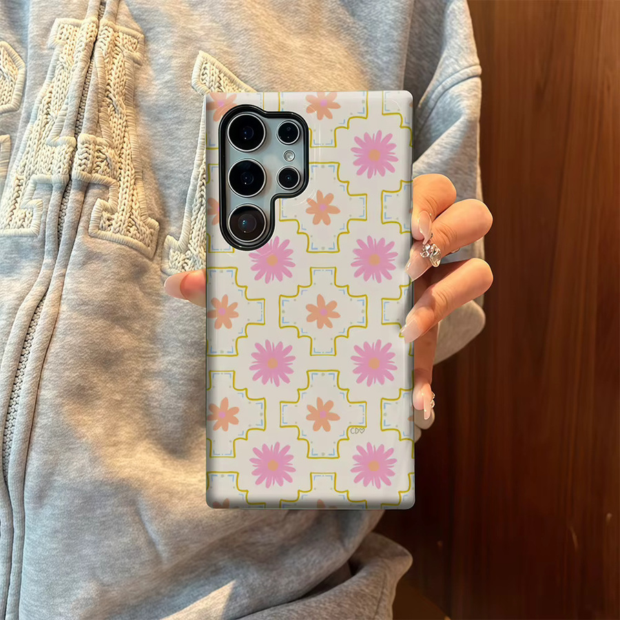 Samsung Handyhülle mit rosa Blumengitter-Design und glänzender doppellagiger Rückseite für Galaxy S25 Ultra, S24 und S23 Ultra Plus - Bild 4