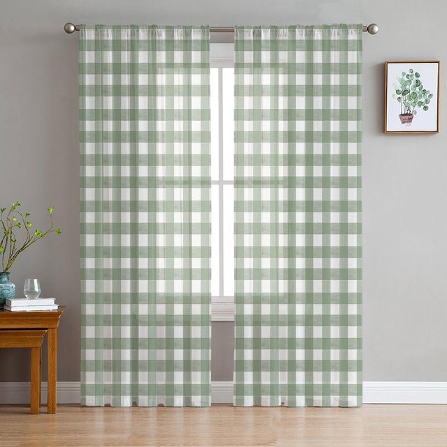 Grasgrüne Schachbrett-Tüllvorhänge von A Family Of Home Textiles für Wohnzimmer, Schlafzimmer und Kinderzimmer, B/H: 135 x 137 cm - Bild 1