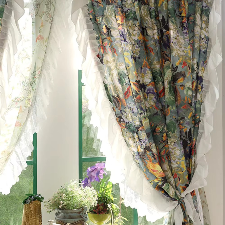 CENTURyMiG Kurzer Café-Vorhang mit Vintage-Monet-Ölgemälde-Druck und Spitzenbesatz, halbtransparent, Mehrfarbig, Breite: 100 cm, Höhe: 200 cm - Bild 5
