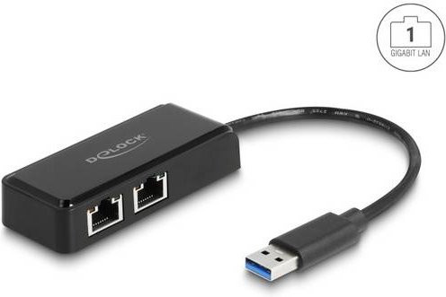 Delock USB 2.0 Adapter mit 2x USB-A Stecker und 1x LAN 10/100/1000MBit/s in Schwarz 64194 - Bild 1