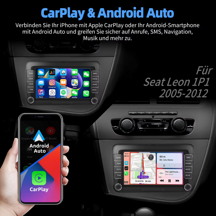 ESSGOO Android 15 Carplay Headunit für Seat Leon 1P1 05-11 mit 7 Zoll Touchscreen, GPS, WIFI und kabellosem Android Auto, Schwarz - Bild 5