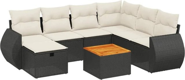 vidaXL 8-tlg Garten-Sofagarnitur in L-Form mit Kissen und Polyrattan in Schwarz - Bild 1
