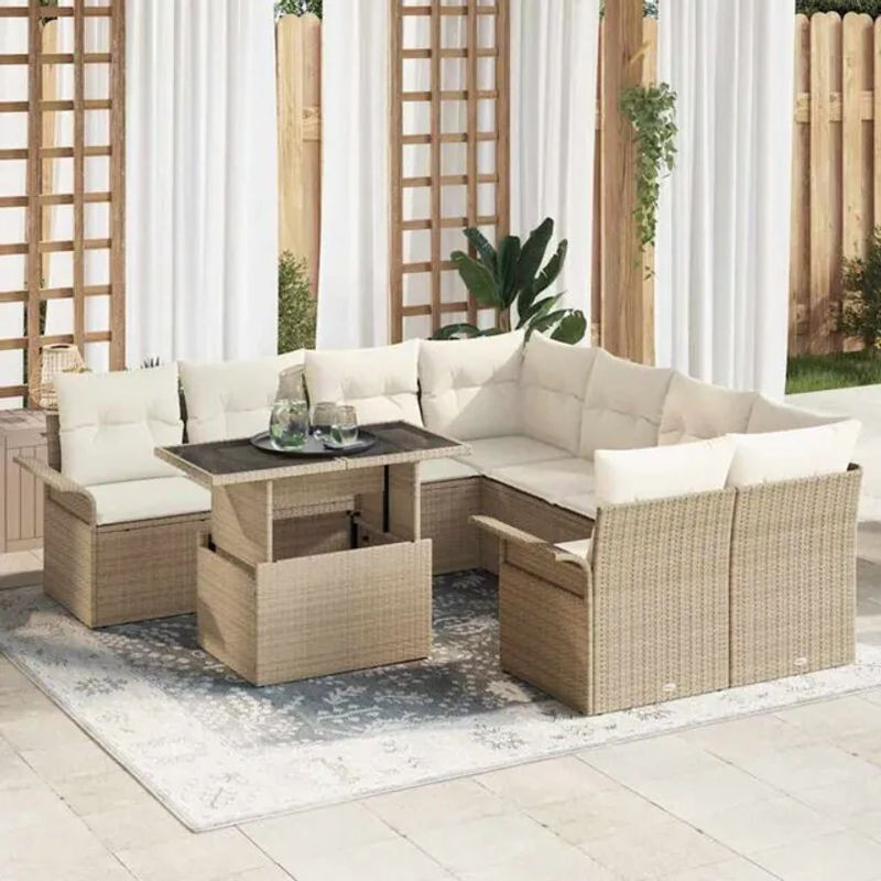 Vidaxl Garten-Sofa-Set aus Poly-Rattan mit Kissen und Stauraum in Beige, 9-teilig - Bild 1