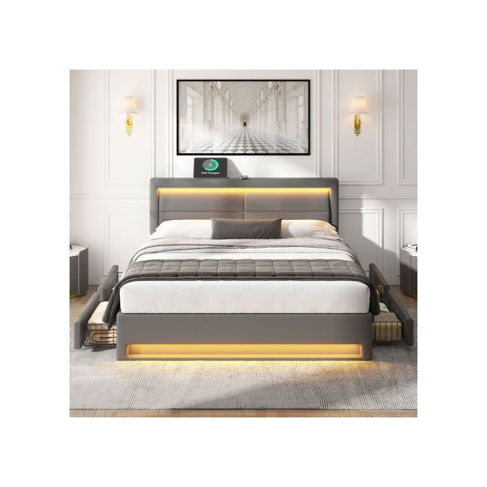 Gepolstertes Bett MUVOE in Grau mit LED-Beleuchtung, USB-Anschluss und 4 Aufbewahrungsschubladen, B/T: 140 x 190 cm - Bild 2