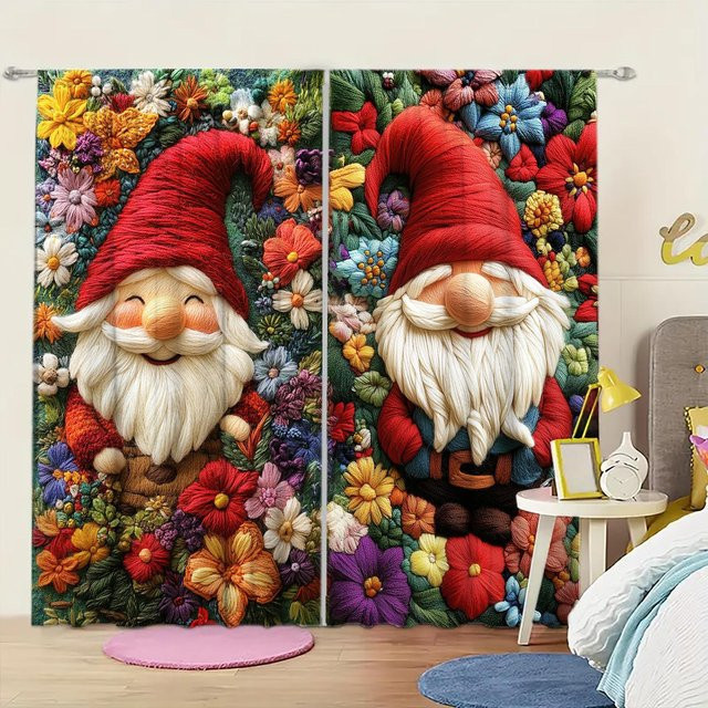 2er-Set Weihnachts-Vorhänge mit 3D-Zwergen-Print in Rot, halbtransparent mit Stangentasche, Breite: 52,5 cm, Höhe: 116 cm - Bild 1