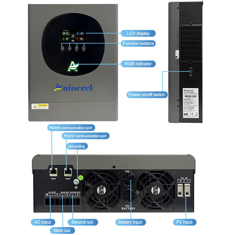 Aninerel Hybrid-Solarwechselrichter mit Doppelausgang und RGB-Farb-LCD-Display, 4,2KW 24V oder 6,2KW 48V, MPPT 120A 100A, Grau/Multicolor - Bild 3