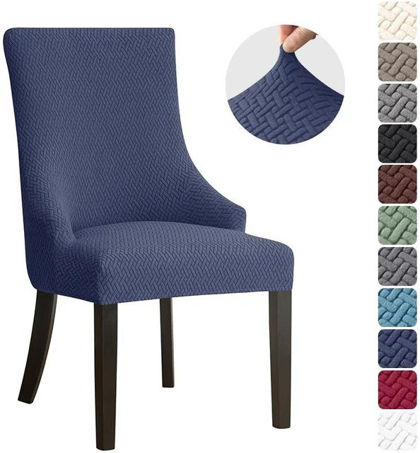 Elastischer Esszimmerstuhlbezug aus Jacquard mit hoher Rückenlehne und schräger Armlehne in Blau - Bild 1