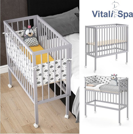 VitaliSpa Beistellbett SOPHIE Babybett Stillbett aus Pappelholz in Grau mit 2 Seitenteilen
