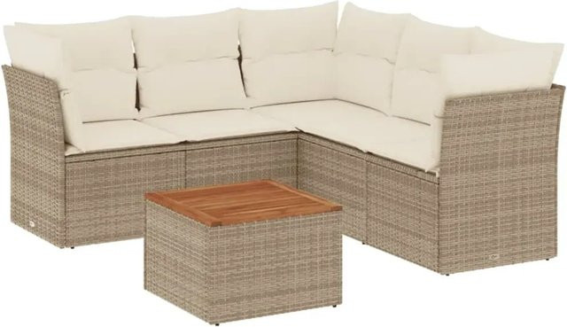 vidaXL 6-teilige Garten-Sofagarnitur aus Poly-Rattan und Akazienholz in Beige und Cremeweiß - Bild 1