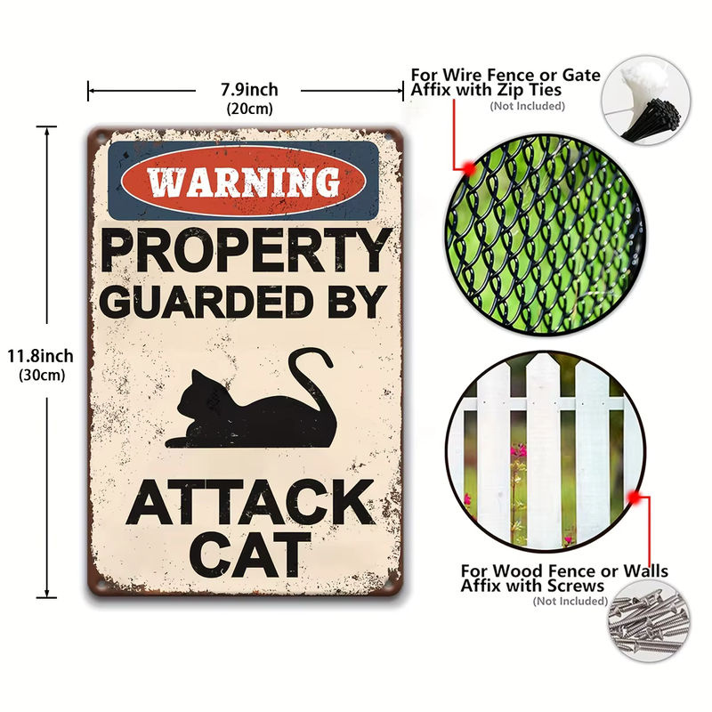HELLOYOUNG Warnschild Angriffs Katze Vintage Wandplakette aus Metall in Weiß für die Außenwand - Bild 2