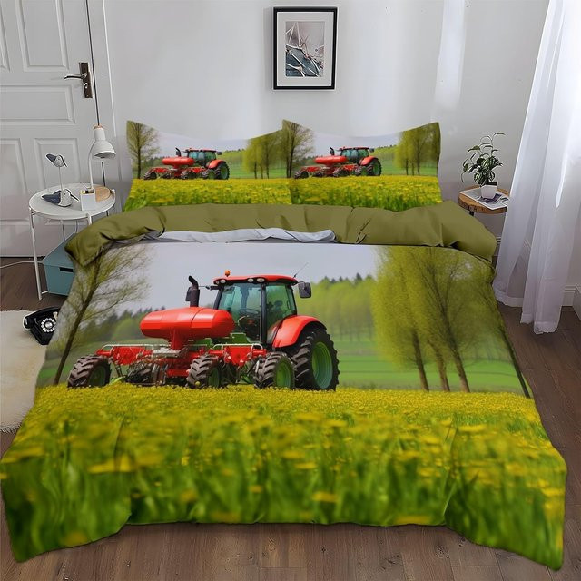 Allbestart Bettwäsche Set für Kinder und Teenager mit Auto Traktor Bagger Motiv, Grün, B/H: 135 x 200 cm - Bild 1