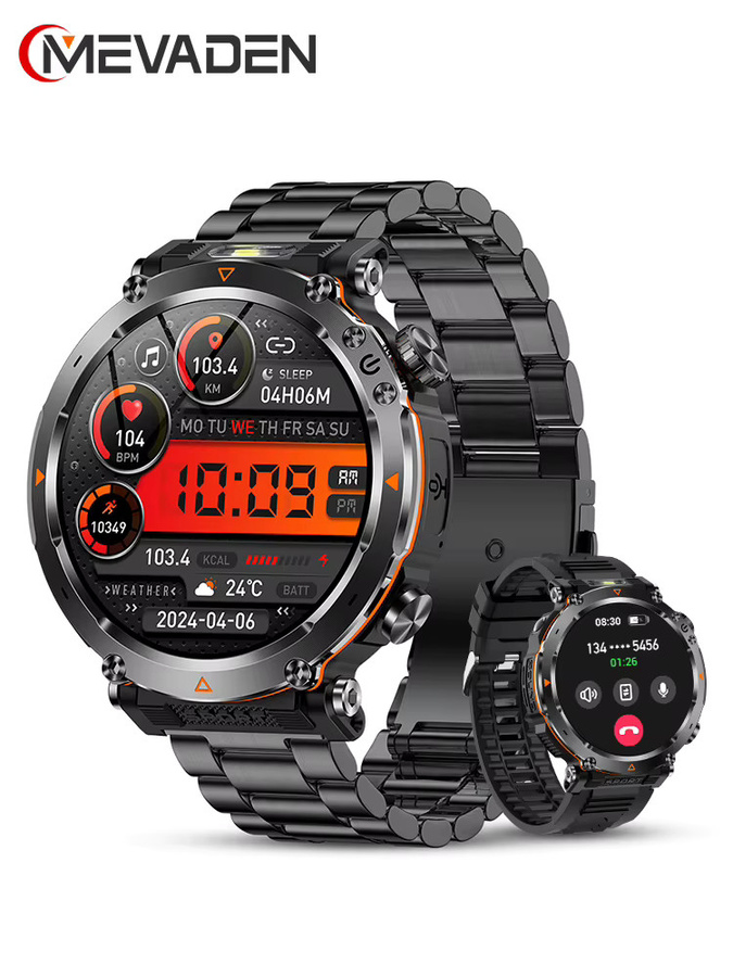 MEVADEN Smartwatch MD57 Outdoor-Sportkompass mit 1,7 Zoll Display, Bluetooth Anruf und Taschenlampe, Schwarz/Orange - Bild 4