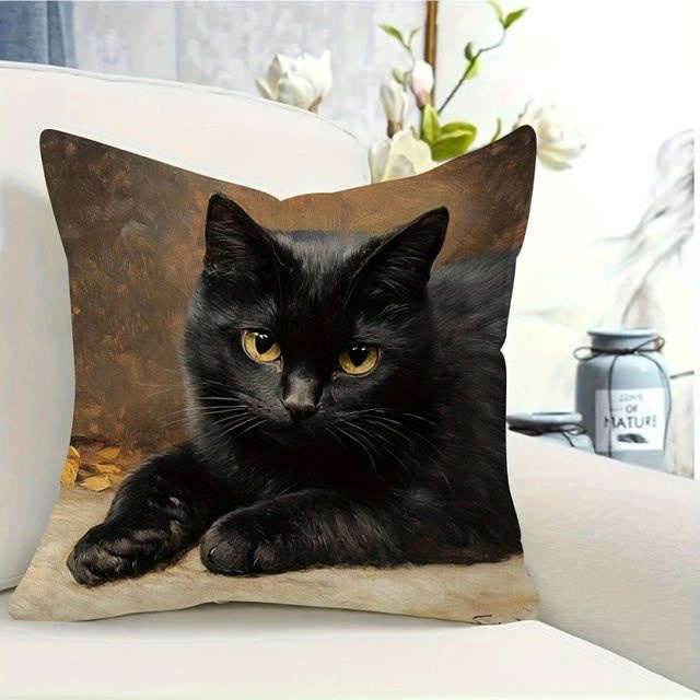VIKAMA Kissenbezug mit schwarzer Katze im traditionellen Stil, Mehrfarbig, Breite: 45 cm, Höhe: 45 cm - Bild 1