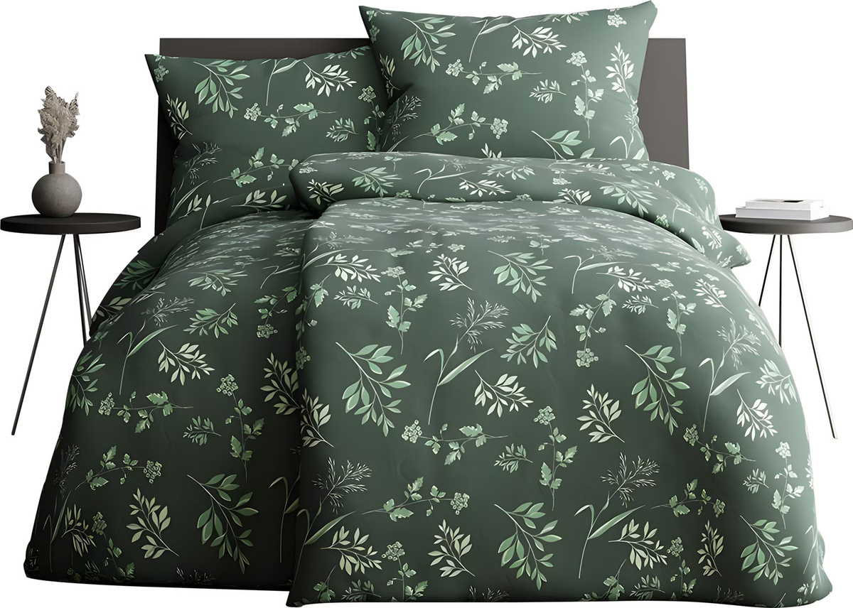 Wendebettwäsche aus Baumwoll-Satin mit floralem Blätter-Design in Grün, atmungsaktiv, 80x80 cm - Bild 2