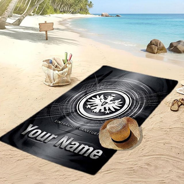 Personalisiertes Eintracht Frankfurt Strandtuch mit individuellem Namen und Fußballlogo, Schwarz, B: 80 cm, L: 160 cm - Bild 1