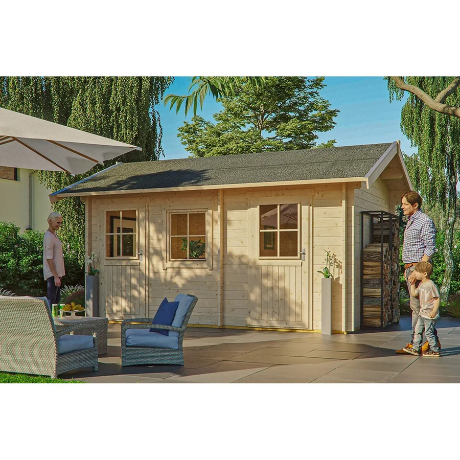 Skan Holz Gartenhaus Lausanne Satteldach in Blockbohlenbauweise unbehandelt B: 530 cm, T: 380 cm, H: 250 cm - Bild 2