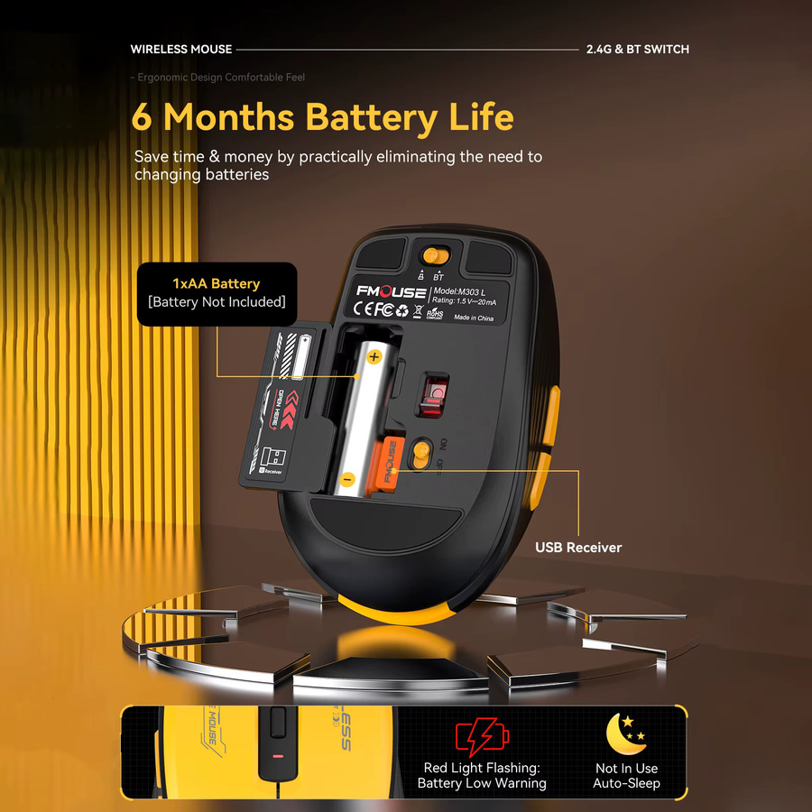 Whxmsh Kabellose Dual-Mode Maus mit Bluetooth 5.1 und 2,4G USB, Geräuschlos, Einstellbare 2400 DPI, Farbe: Gelb - Bild 3
