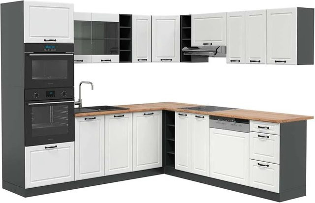 Vicco R-Line Eckküche Landhaus Stil in Weiß Strukturiert und Anthrazit mit Eiche Optik B/T/H: 237 x 247 x 81,6 cm - Bild 1