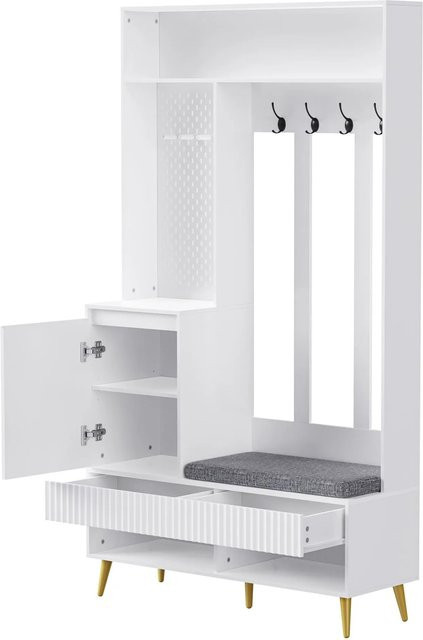 okwish Garderoben Set mit Schuhbank, 4 Kleiderhaken und Schubladen, Weiß, B/T/H: 100 x 35 x 180 cm - Bild 1