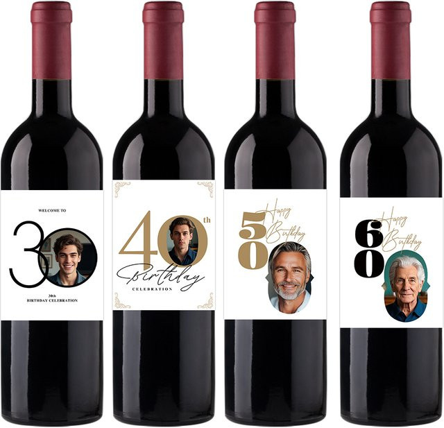 6 Stück personalisierte Foto Wein Flaschen Aufkleber für Geburtstagsdekorationen von 30 bis 70 Jahren, rechteckige Papieretiketten von joy-enlife - Bild 1