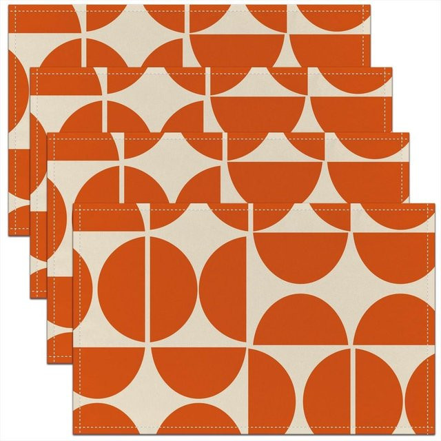 JF TableLinen Platzsets aus Leinen im Mid Century Modern Stil, Geometrische Halbkreise in Orange, 6er Set - Bild 1