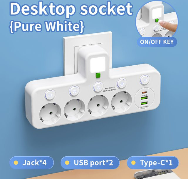 Szaoju Steckdose mit 4 Steckplätzen und USB-Typ-C-Anschlüssen in Weiß mit EU-Stecker - Bild 1