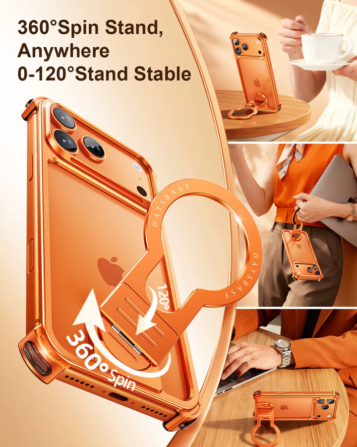 Eary Magnetische Handyhülle für iPhone 17 Pro Max und 17 Pro mit faltbarem Ständer für MagSafe kabelloses Laden, rahmenlose schlanke Bumper-Hülle in Orange - Bild 3