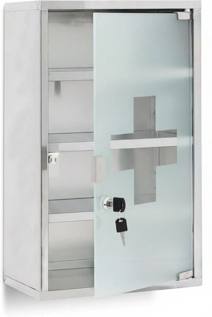 Relaxdays Medizinschrank aus Edelstahl und Glas mit Glastüren, abschließbar und wandmontiert, Silber, B/H/T: 50,5 x 30 x 18 cm - Bild 1