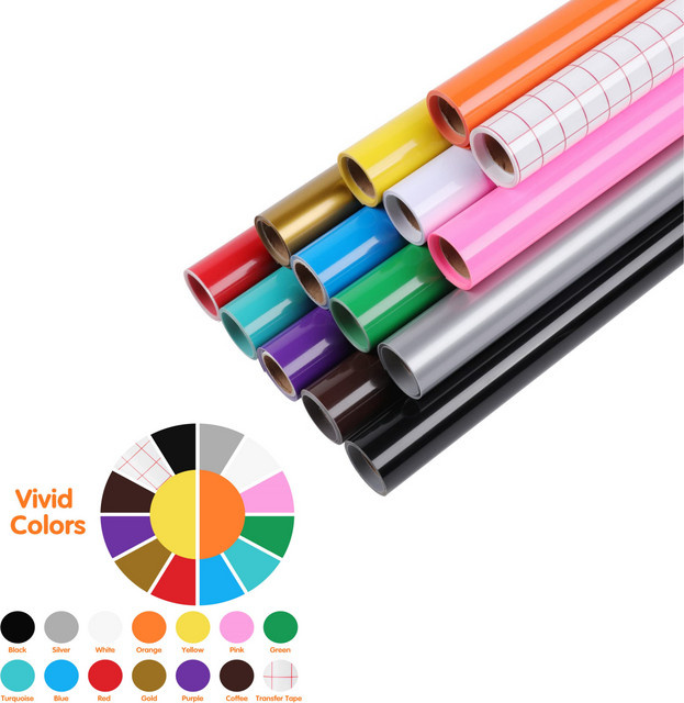 HTVRONT Permanent-Vinylrollen-Set 13er-Pack Mehrfarbige Klebefolien mit Transferfolie für Cricut-Schneidemaschinen, B/H: 106,68 x 9,14 cm - Bild 1