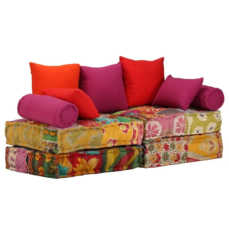 vidaXL Modularer 2-Sitzer Pouf Patchwork Stoff in Multicolour mit Schlaffunktion, B/T/H: 140 x 70 x 85 cm - Bild 2