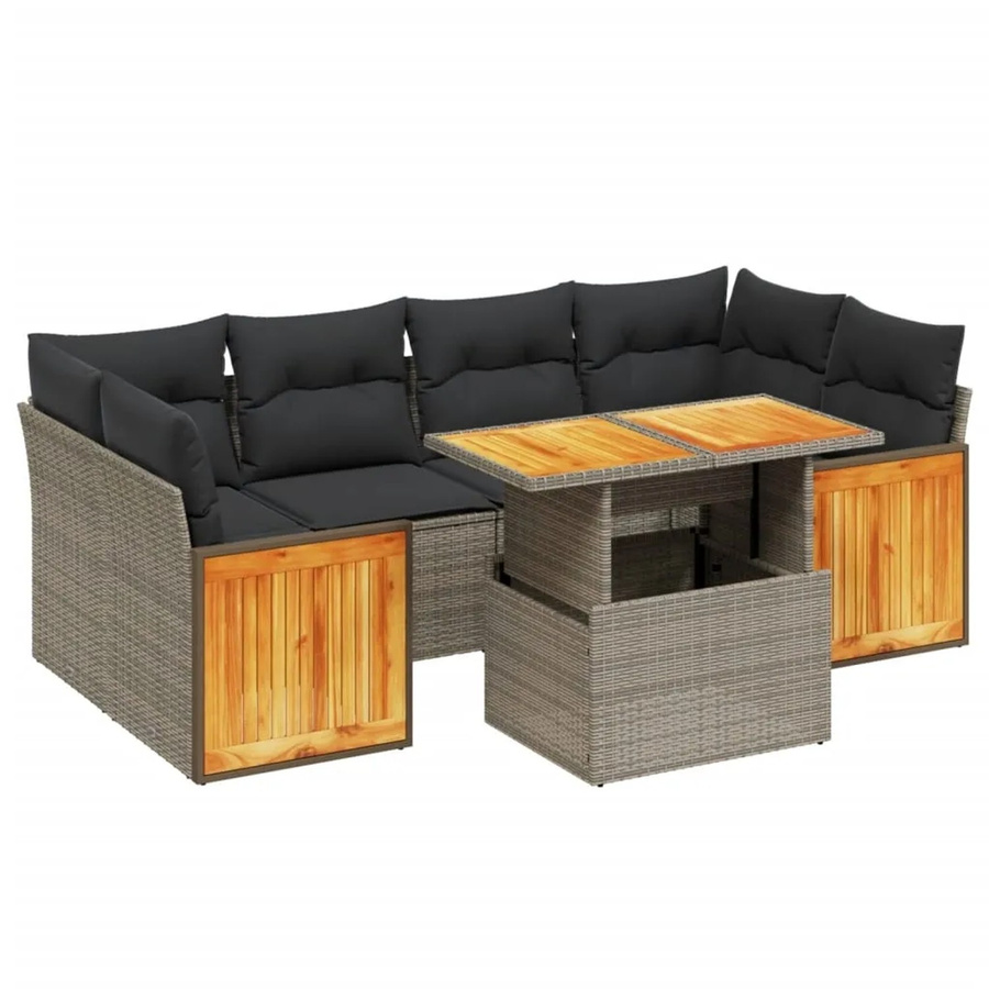 vidaXL 7-teilige Garten-Sofagarnitur aus Poly-Rattan und Akazienholz in Grau mit Kissen - Bild 2