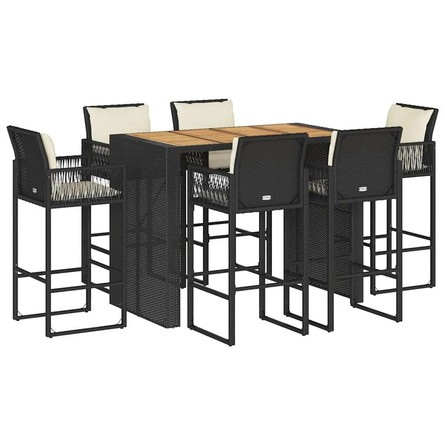 vidaXL 7-tlg Gartenbar-Set in Schwarz aus PE-Rattan und Akazienholz mit Kissen - Bild 2