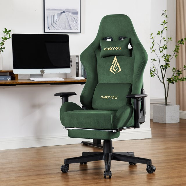 ANDYOU Gaming Chair in Grün mit Fußstütze, atmungsaktive Stoffbespannung, höhenverstellbar und drehbar mit Kopfstütze und Armlehnen - Bild 1