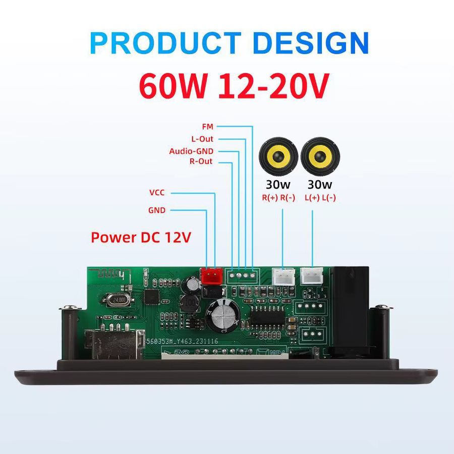 Kebidu Bluetooth 5.3 MP3 Decoder Board mit 60W Verstärker für 12V Auto Audio DIY, Stereo MP3 Player mit FM Radio, USB, TF und 6,5mm Mikrofonanschluss, Schwarz - Bild 5