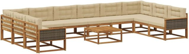 vidaXL Outdoor-Sofagarnitur aus massivem Akazienholz in U-Form mit 11 Kissen in Natur und Beige - Bild 1