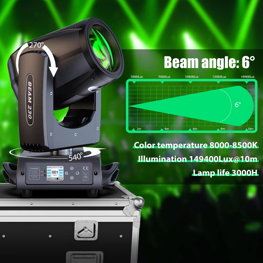U'King Moving Head Licht 230 W 7R Strahl mit 24 Prismen, 14 Gobos und LED Regenbogen Effekt in Schwarz, DMX512 für DJ, Disco und Bühne, B/T/H: 41,0 x 28,0 x 28,0 cm - Bild 4