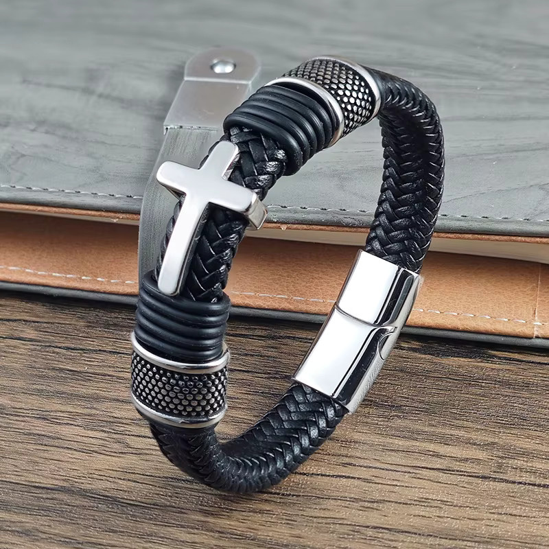 jiangmingao Armband, Leder, Schwarz, Kreuzdesign, Herren - Bild 2