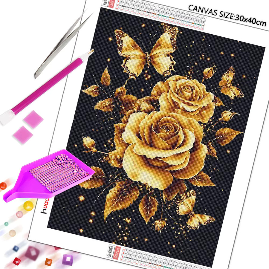 Huacan Diamond Painting Set Goldene Rose mit Strass-Stickerei als Wandkunst auf Leinwand - Bild 2