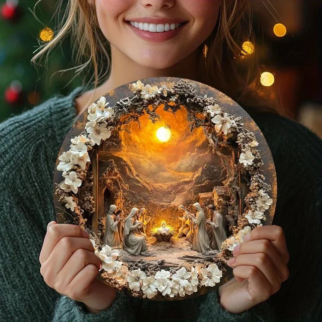 HELLOYOUNG Metallwandkunst Klassische Krippe Rund Vintage Weihnachtsdekoration B: 20 cm, H: 20 cm - Bild 1