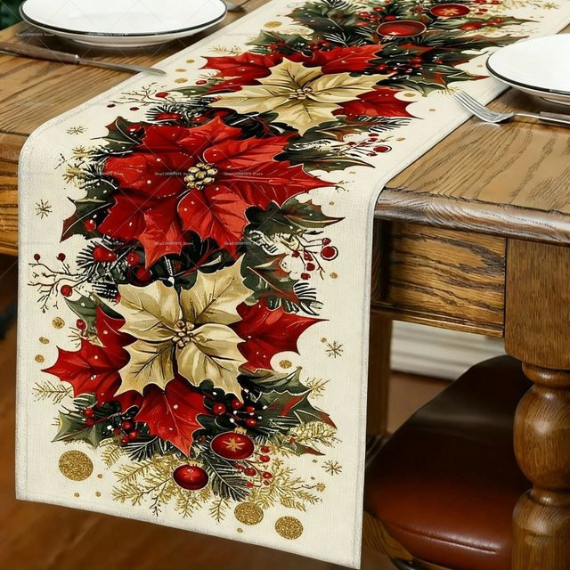 VIKAMA Weihnachtstischdecke mit Schneeflockenmuster aus Leinen, rechteckig, Mehrfarbig, B: 90,0 cm, T: 33,0 cm - Bild 1