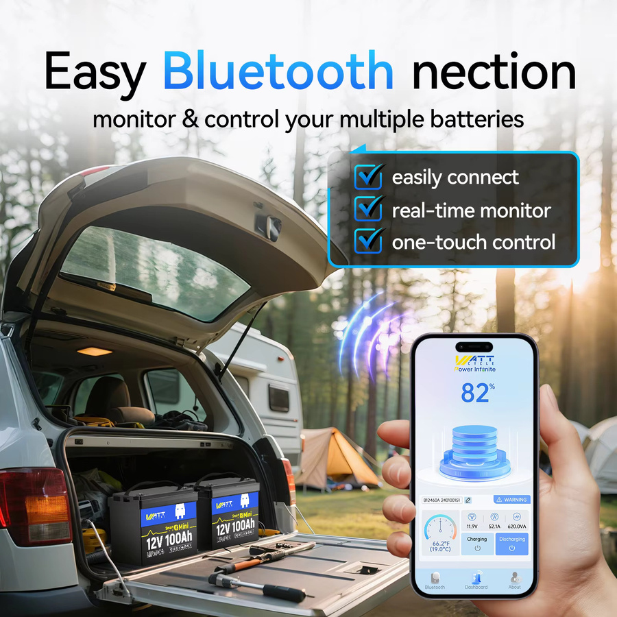 Wattcycle 12V 100Ah LiFePO4 Batterie mit Bluetooth, 1280Wh Kapazität, integriertes 100A BMS und Niedertemperaturschutz, Farbe: Schwarz - Bild 3