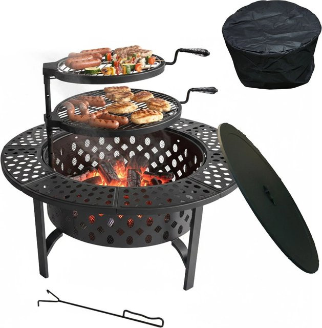 Relaxdays Feuerschale aus Stahl in Schwarz mit 2 schwenkbaren und höhenverstellbaren Grillrosten, B/H: 92 x 71 cm - Bild 1