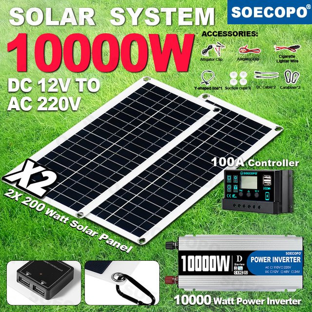 SOECOPO Solar Kit mit 10000W Leistung, 2x 200W Solarmodulen, 100A Controller und Inverter für Camping und Home, DC 12V zu AC 110V/220V - Bild 1