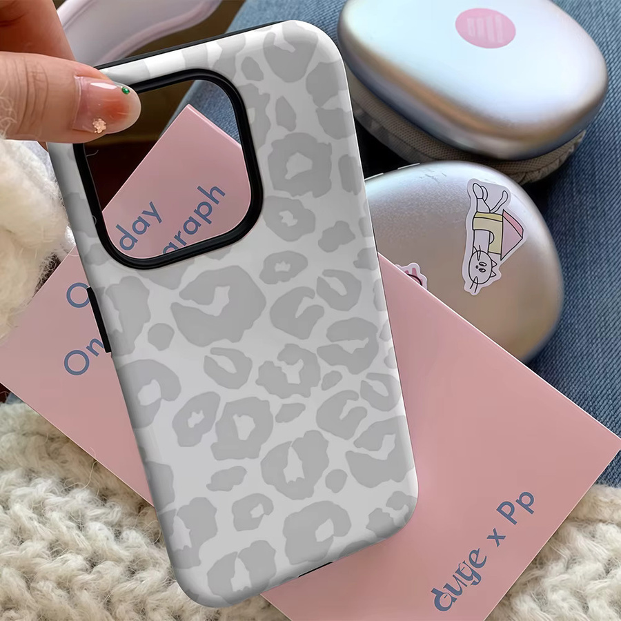 Hellgraue Handyhülle mit Leopardenmuster für Apple iPhone 17 16 15 14 13 12 11 Pro Max Plus mit doppelschichtiger Rückseite - Bild 4