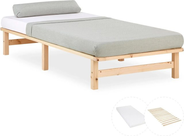 Homestyle4u Palettenbett aus Kiefernholz mit Matratze in Natur, skandinavisch modern, B/T/H: 90 x 200 x 28 cm - Bild 1