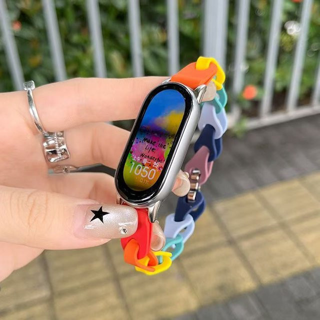 Uhrenarmband Silikon, Edelstahl, Bunt, Damen, für Xiaomi Mi Band 8 9 10 - Bild 1
